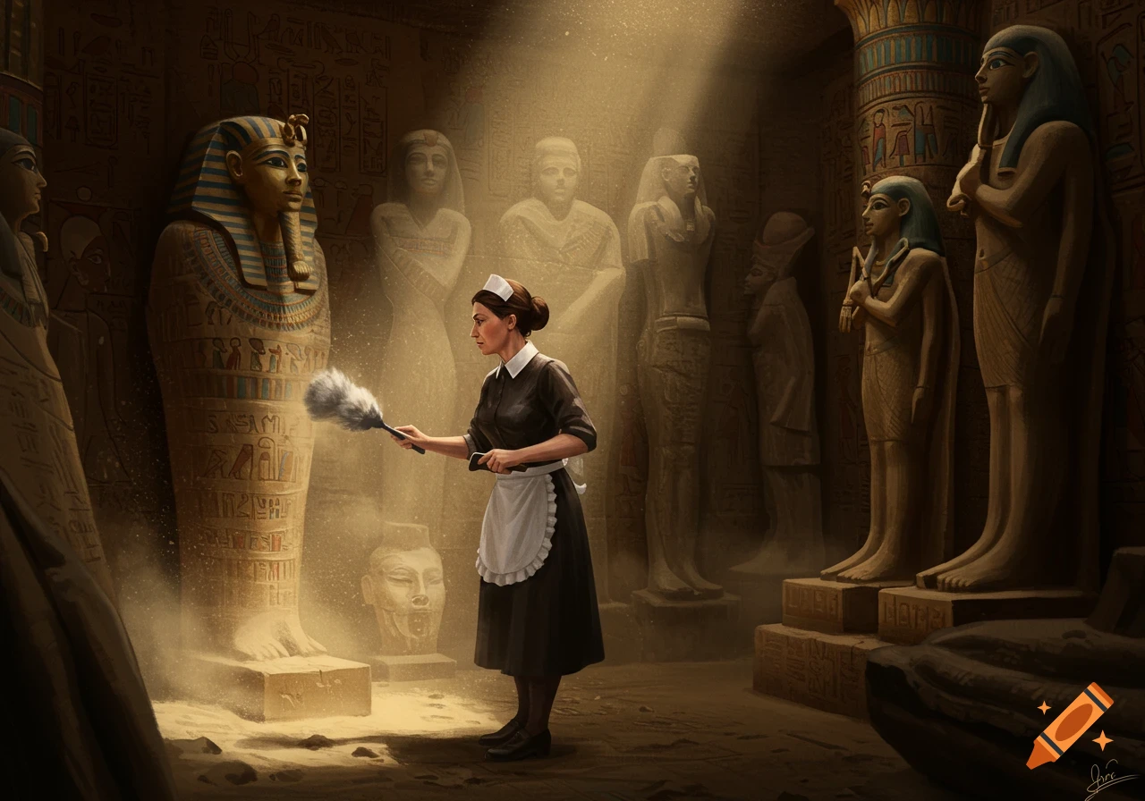 Painting of a maid dusting a large Egyptian sarcophagus in a tomb with statues and hieroglyphs.