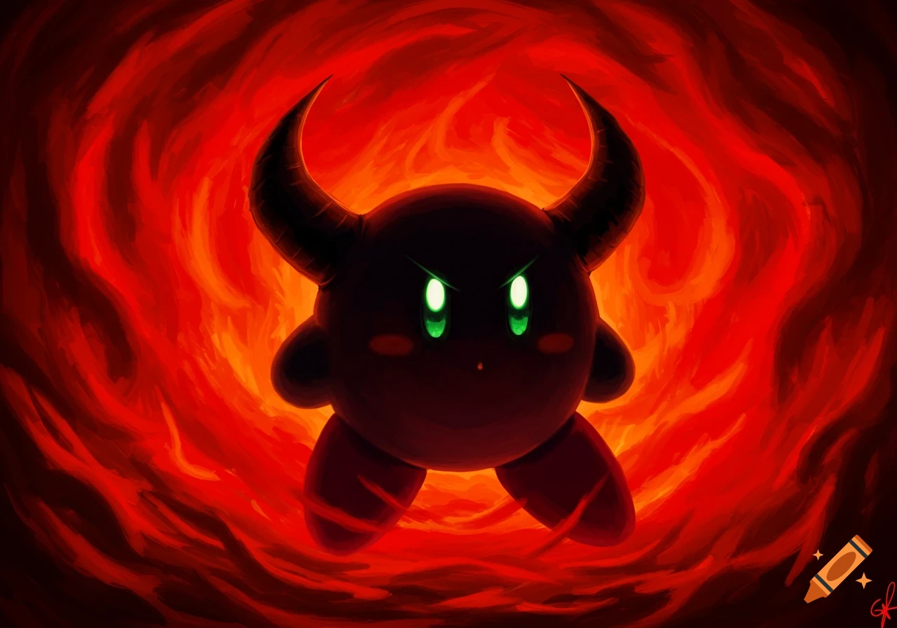 Dark Kirby character with black horns and glowing green eyes, silhouetted against a swirling red and orange fire background.