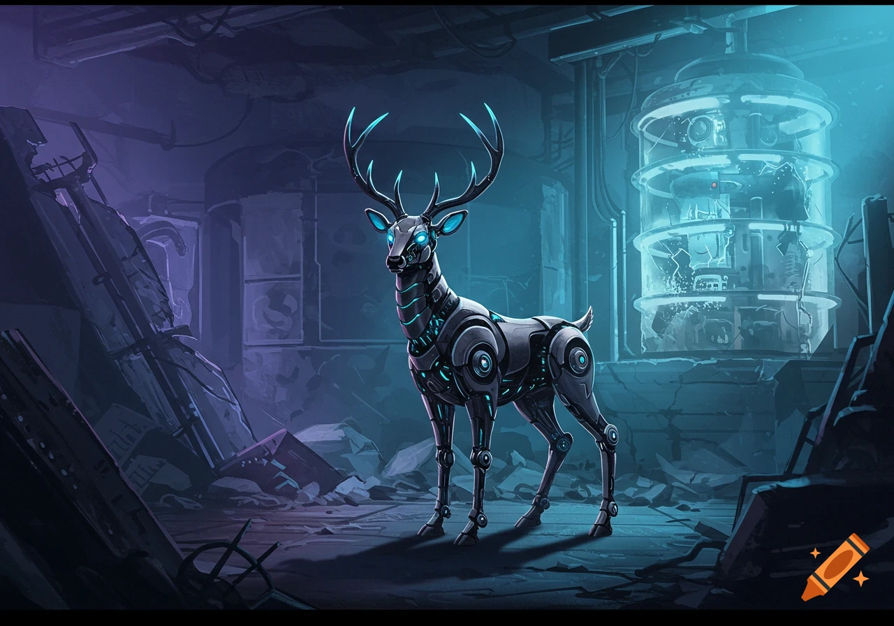A robot deer with glowing blue eyes stands in a ruined lab, surrounded by rubble, in a cyberpunk style.