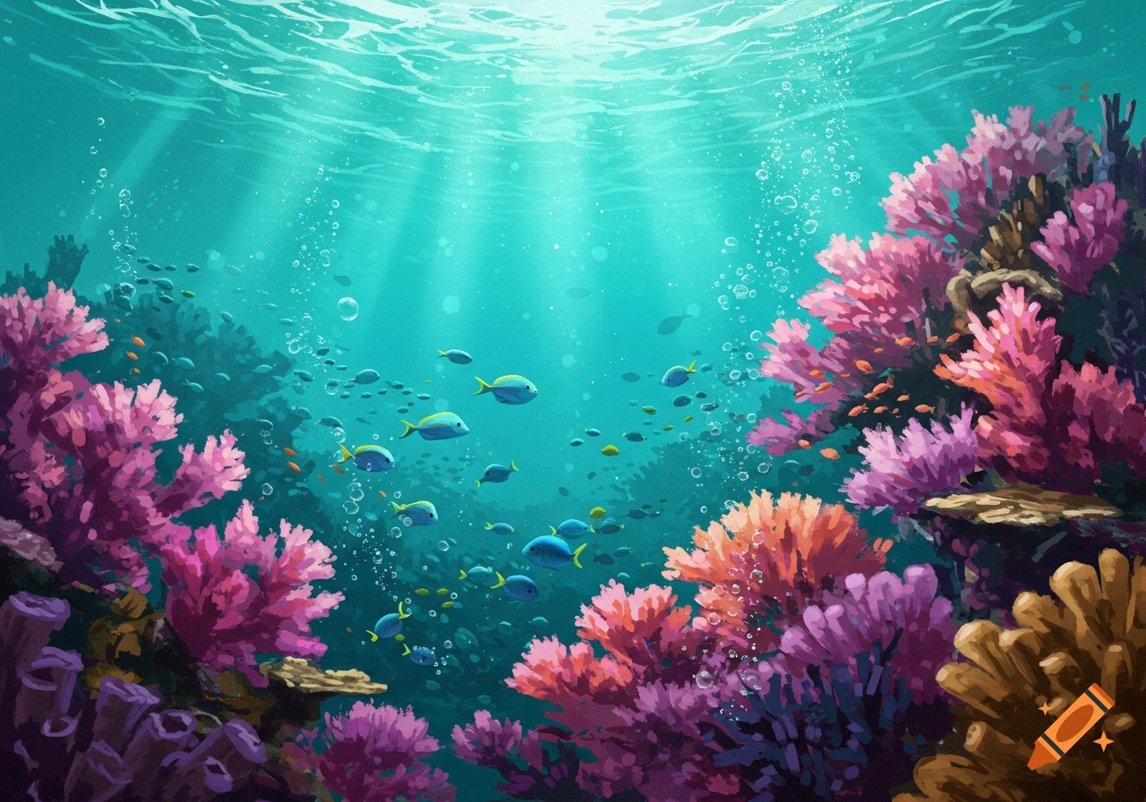 Vibrant underwater scene with colorful coral, many fish swimming, and bubbles rising towards sunlit surface.
