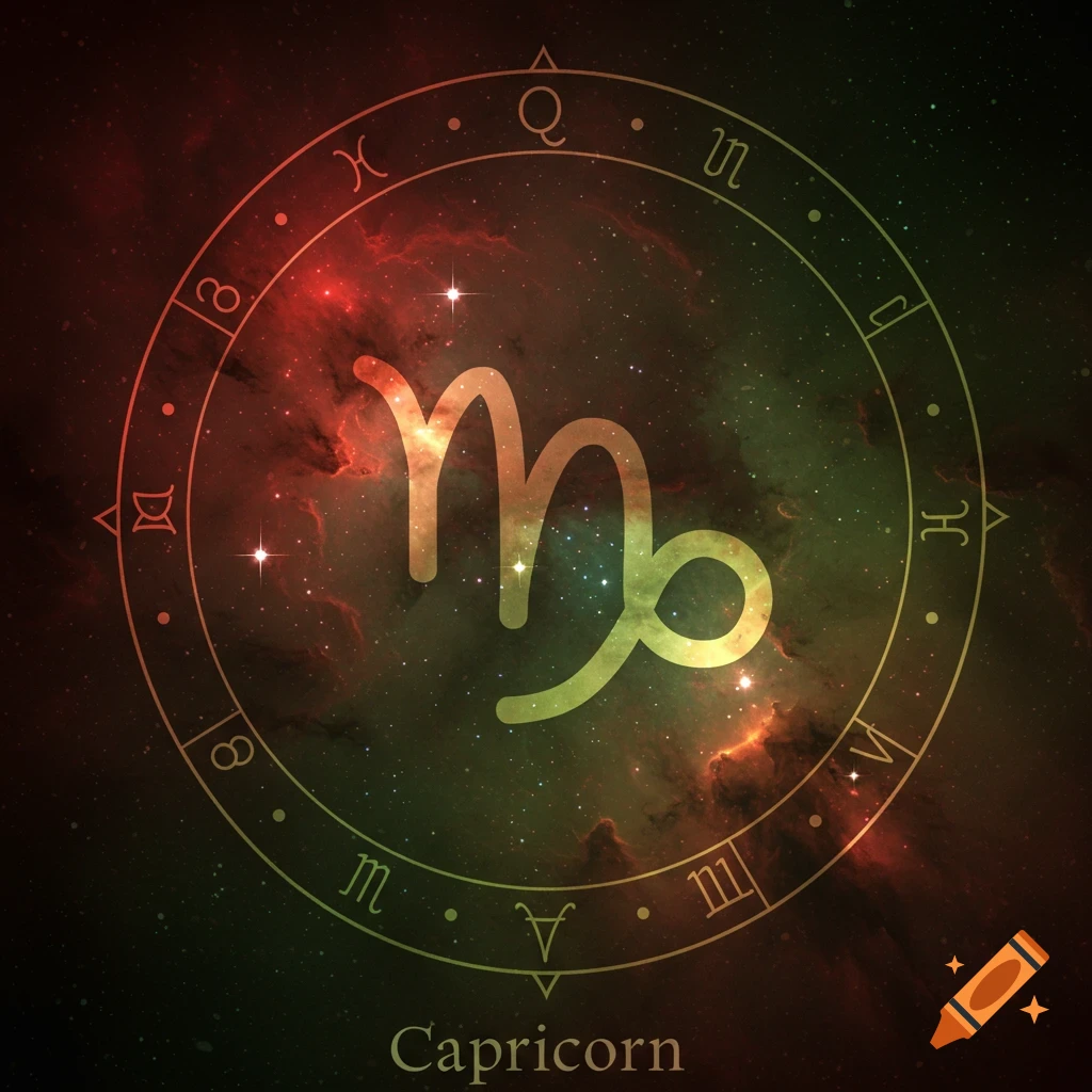 Capricorn zodiac sign with symbols on a galaxy background.
