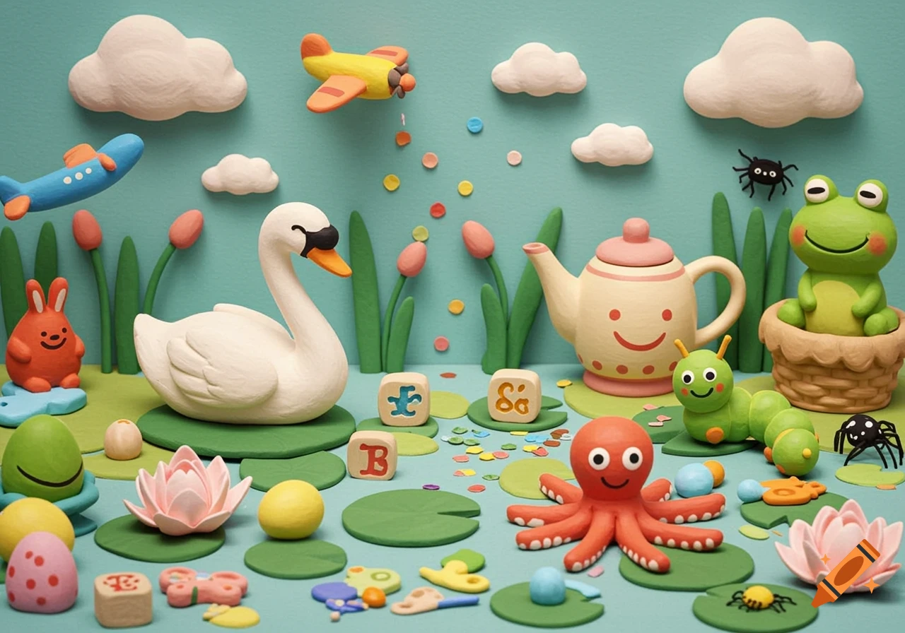 Clay model diorama with animals, planes, teapot, lily pads, and blocks.