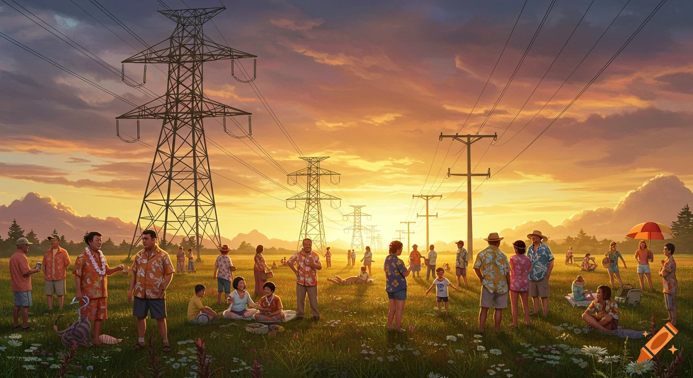 A large group of people gather in a field under massive power lines at sunset.
