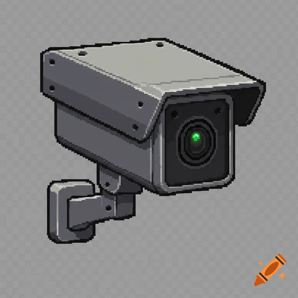 Pixel art rendering of a grey CCTV security camera.