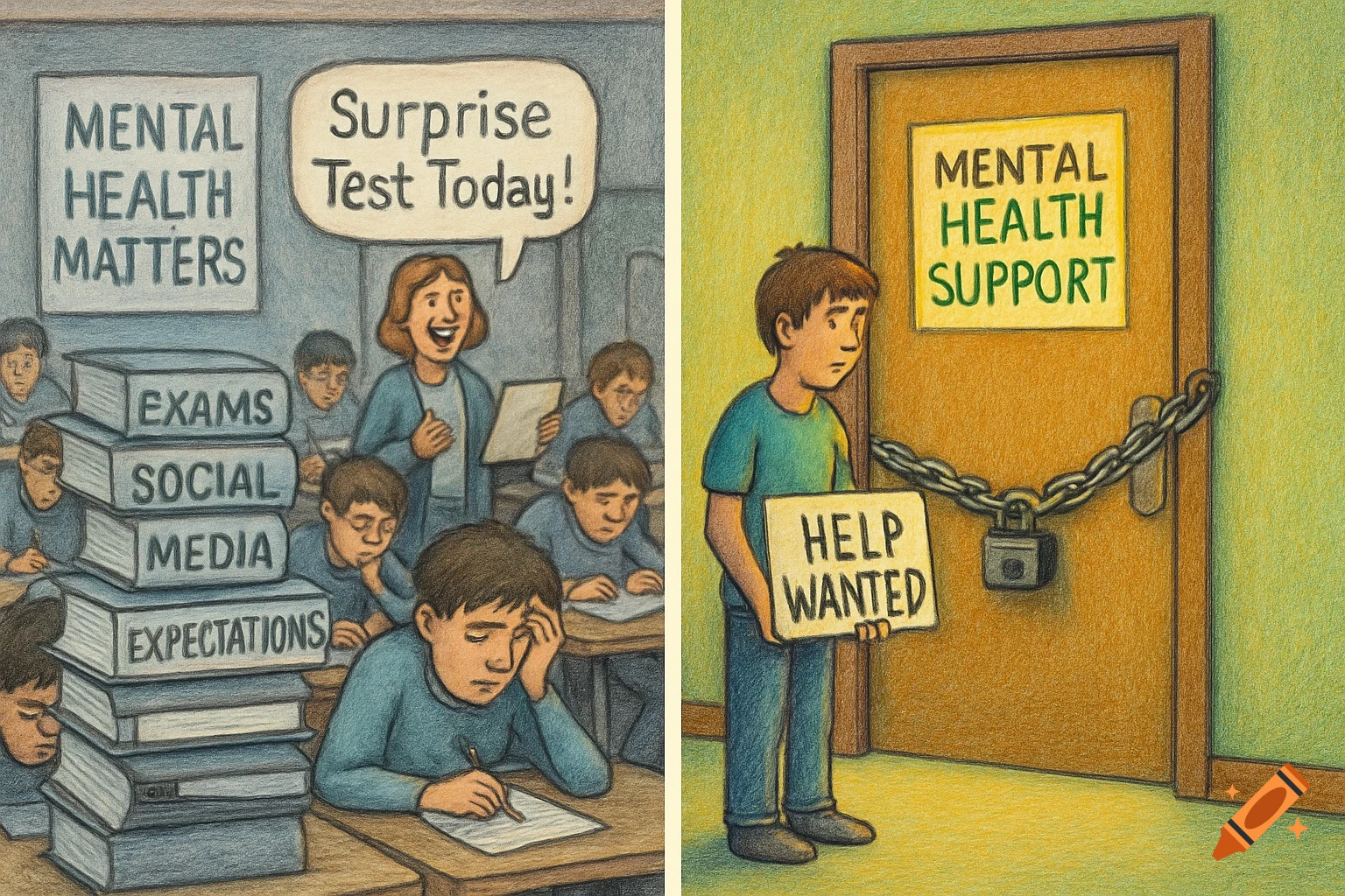 Illustration shows a classroom with stressed students facing stacks of books labeled Exams, Social Media, Expectations, and a Mental Health Matters poster, beside a locked door labeled Mental Health Support with a student holding a Help Wanted sign.