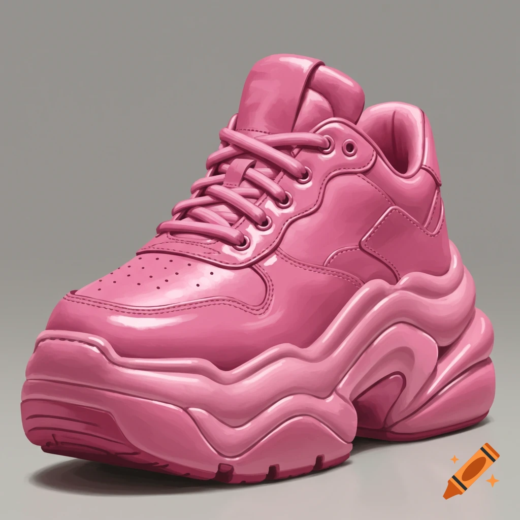 A single pink sneaker with a large, wavy sole on a grey background.