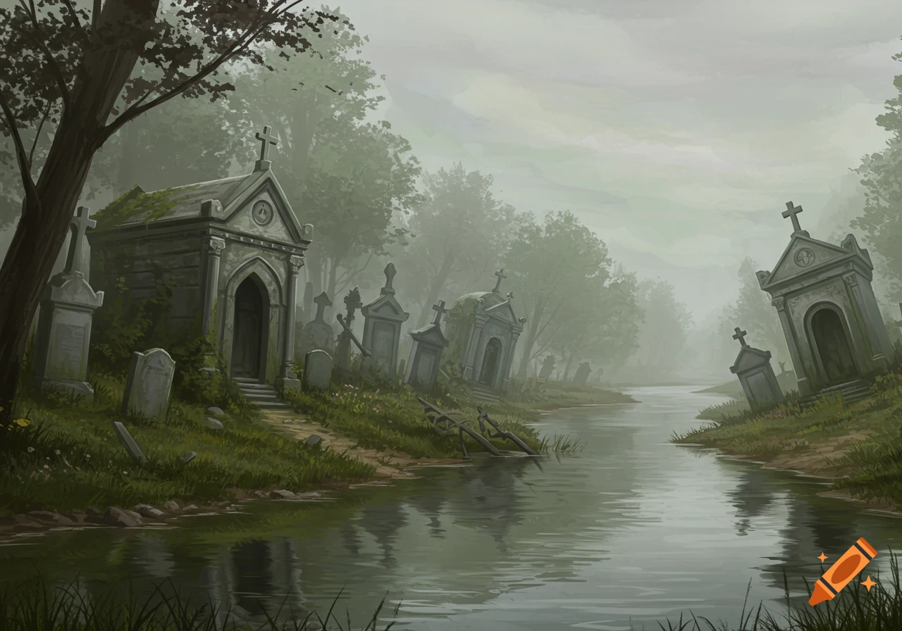 An old cemetery with mausoleums and gravestones sits beside a misty river, illustration.