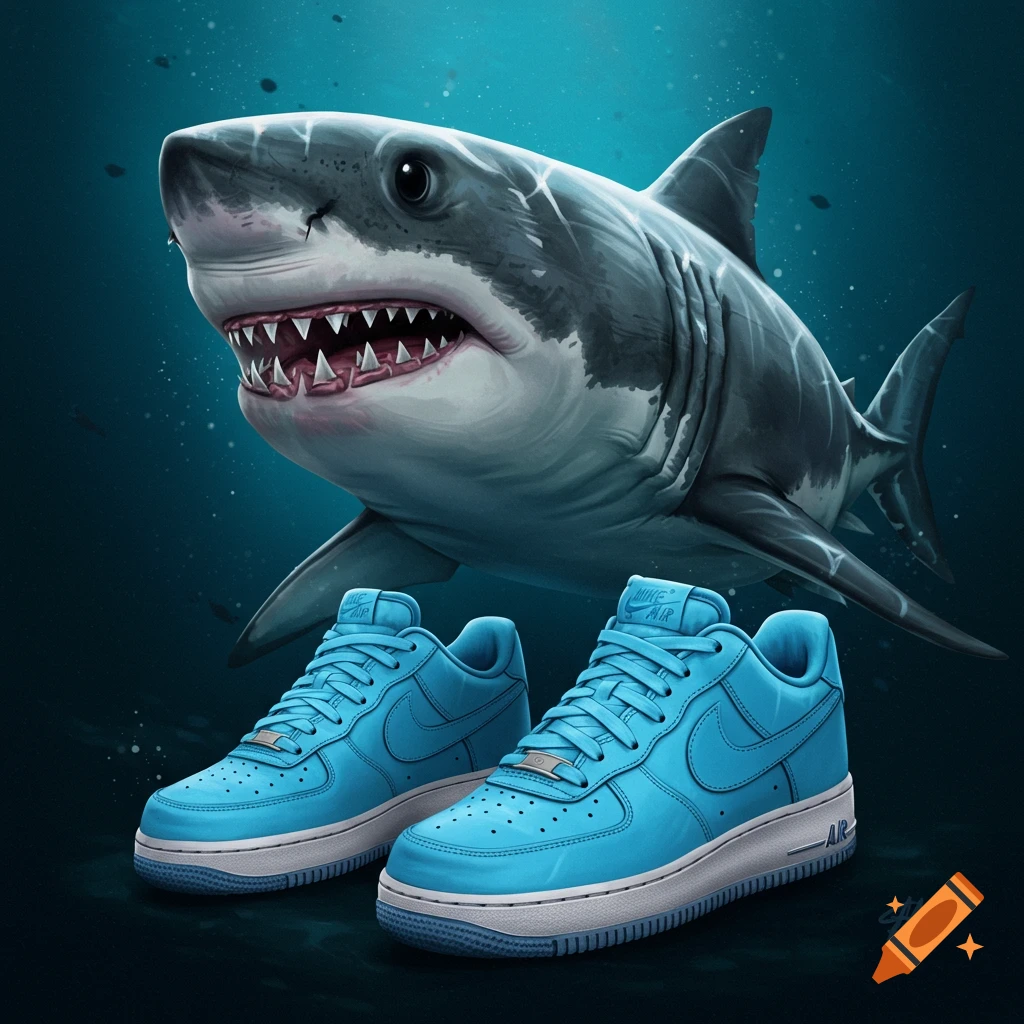An illustration of a shark underwater with a pair of blue sneakers in the foreground.