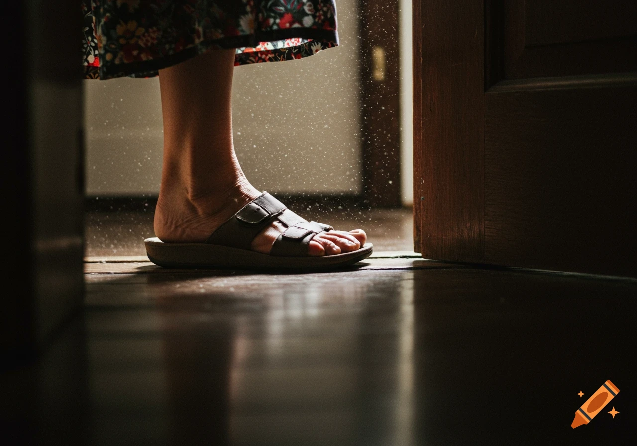 Low angle view of a person's foot in a sandal stepping over a threshold, with light showing dust motes.