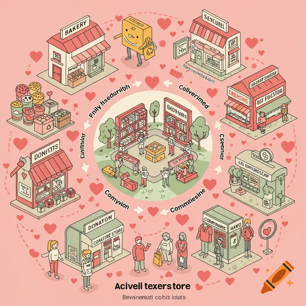 Isometric illustration of businesses and community donating and reusing goods, surrounded by hearts.