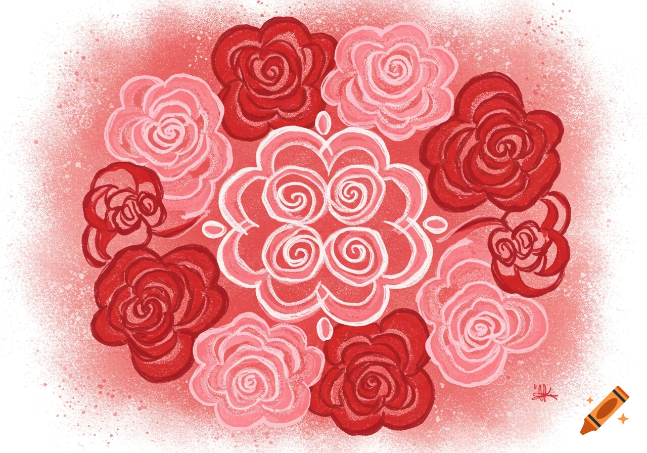 Stylized pink and red roses arranged in a circular kolam pattern around a white design.