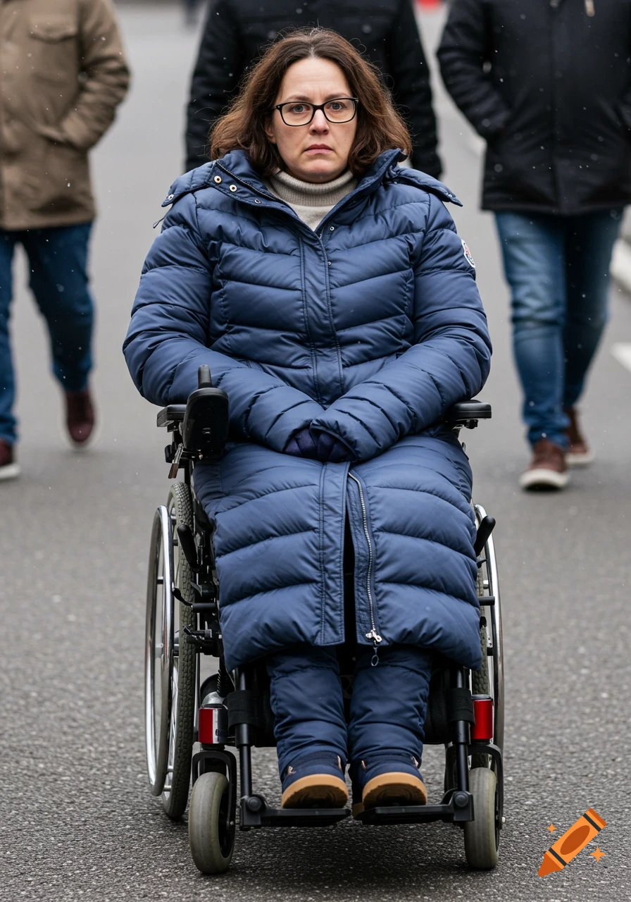 A woman in a wheelchair wearing a blue puffer coat stands outside in winter.