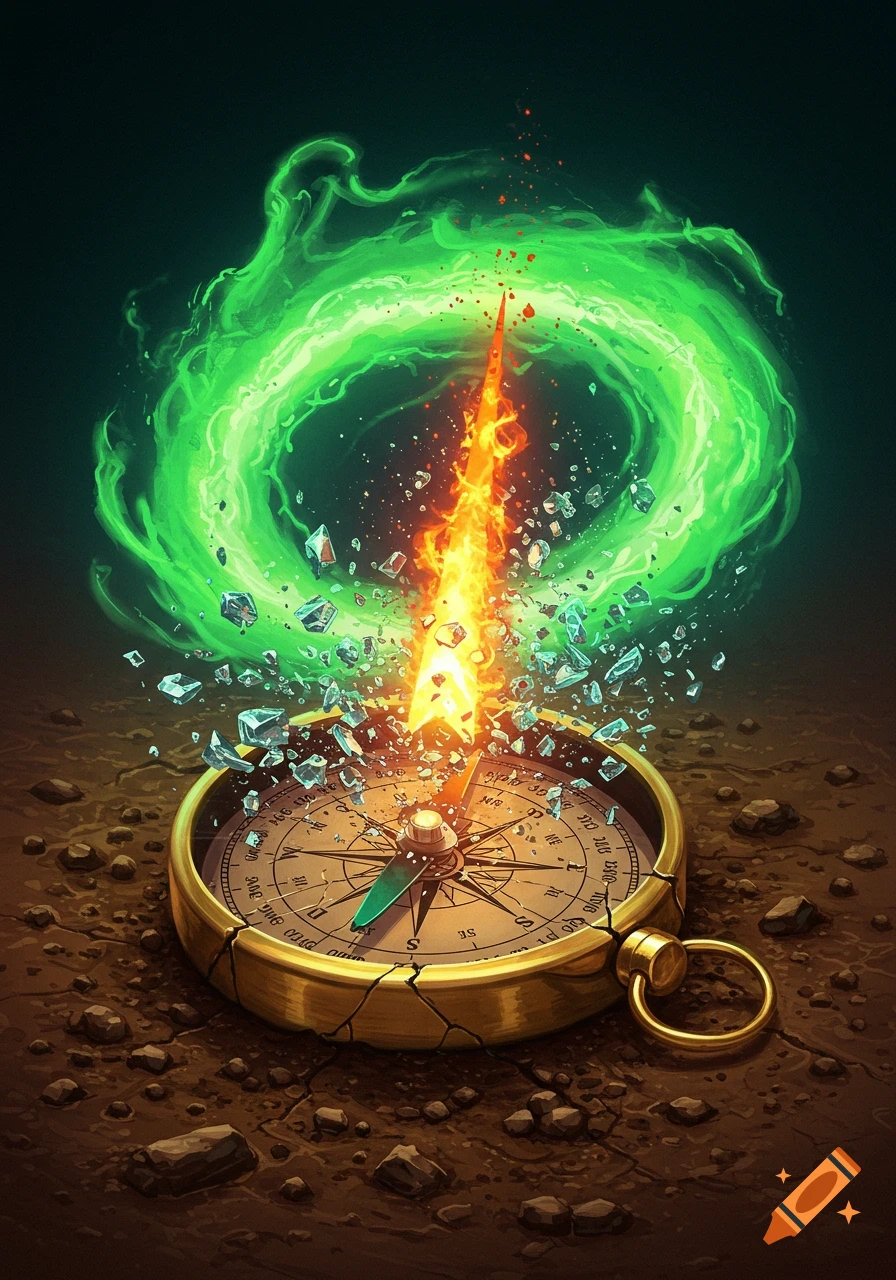 Fantasy illustration of a compass cracking open with fire and green energy erupting from it.