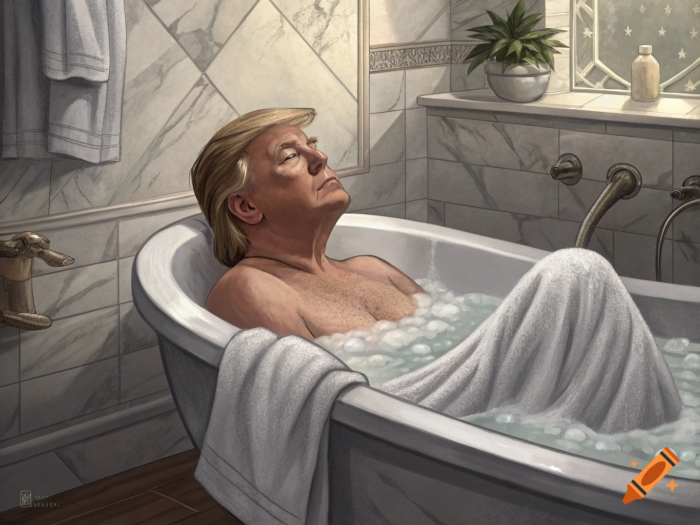Donald Trump relaxing in a bathtub in a detailed illustration.
