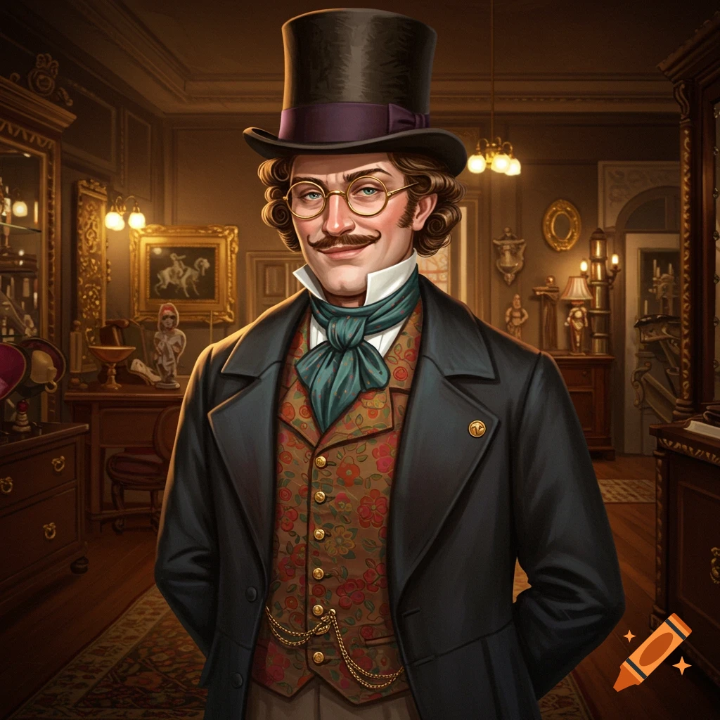 Portrait of a man dressed as a dandy in a top hat and patterned waistcoat standing in a vintage room.