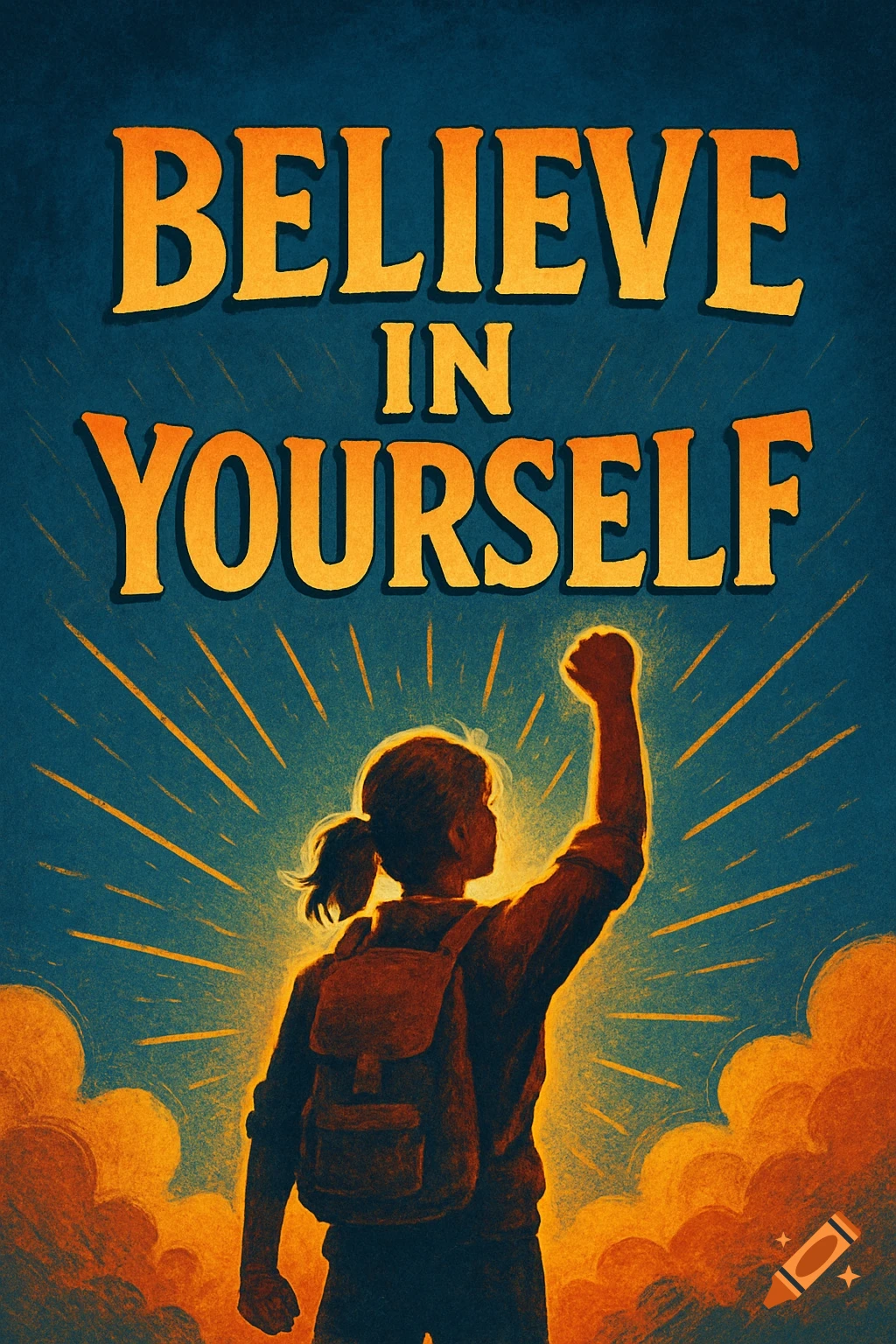 Motivational poster with Believe In Yourself text, silhouette of person raising fist against sun rays.