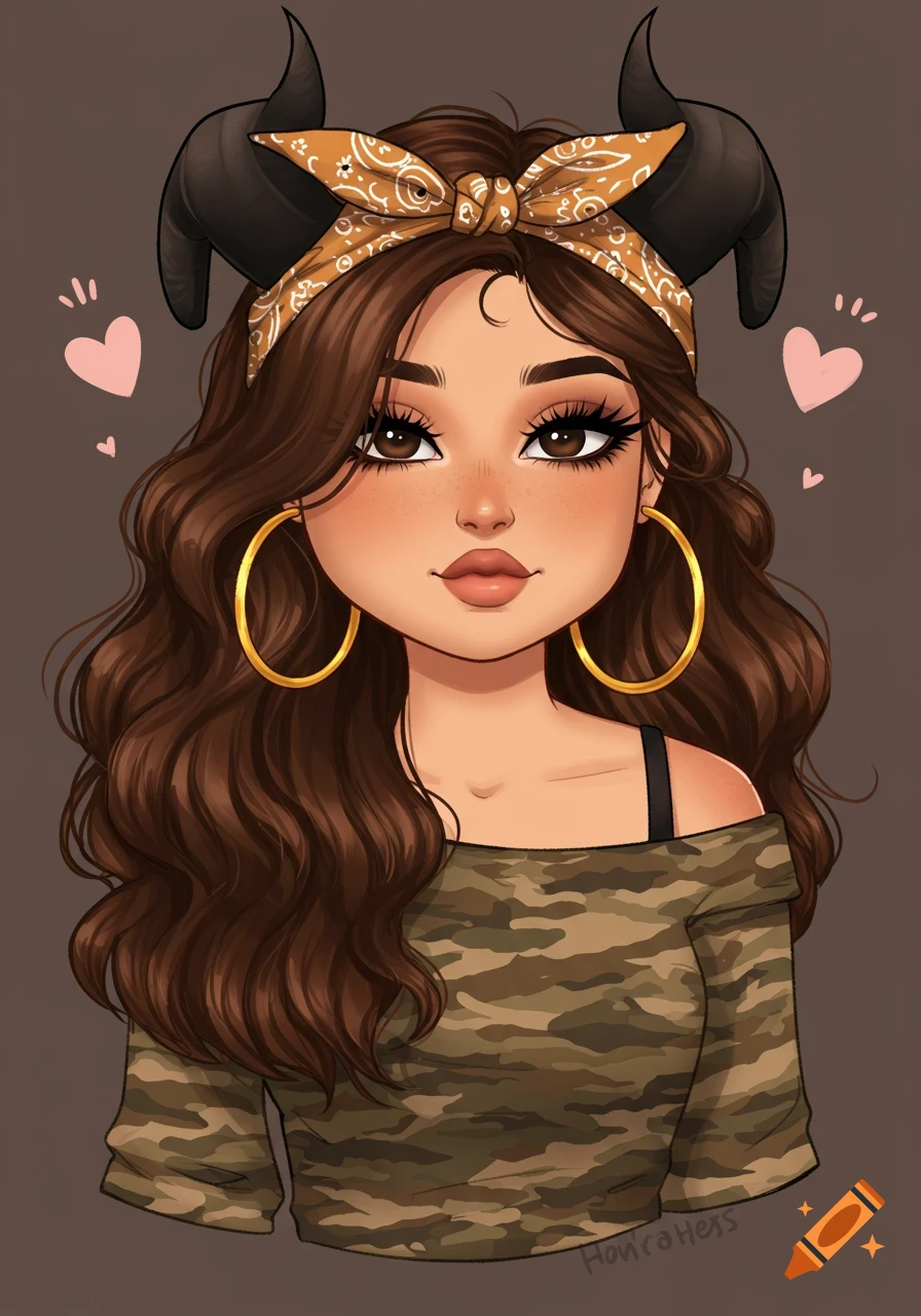 Cartoon drawing of a character with horns, bandana, camo shirt, and hoop earrings.
