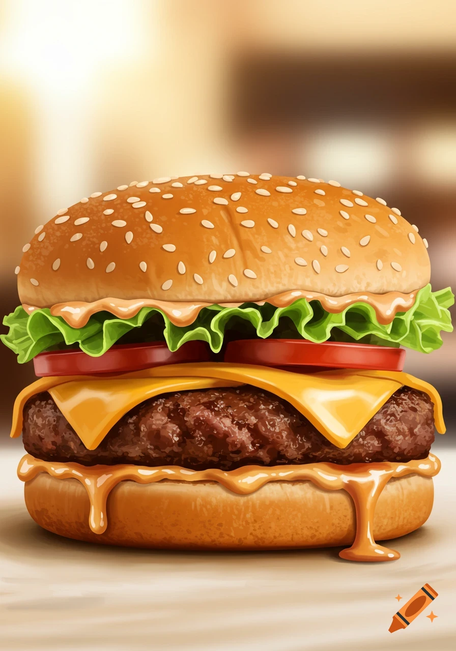 A close-up illustration of a detailed cheeseburger with lettuce, tomato, and dripping sauce.