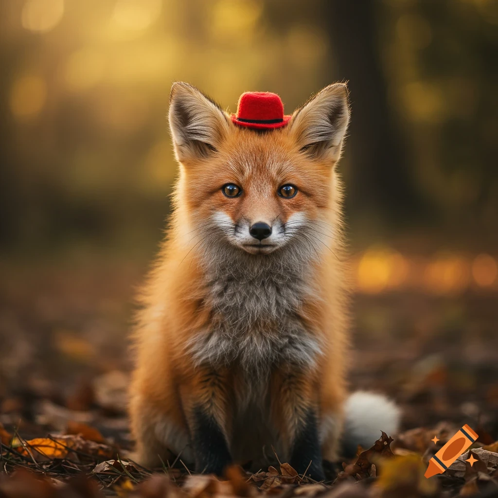 Cute fox with a red hat sitting in a forest