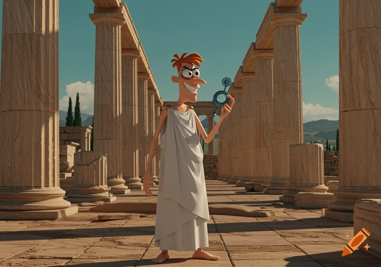 Dr. Doofenshmirtz in a toga in ancient Greek ruins holding an invention.