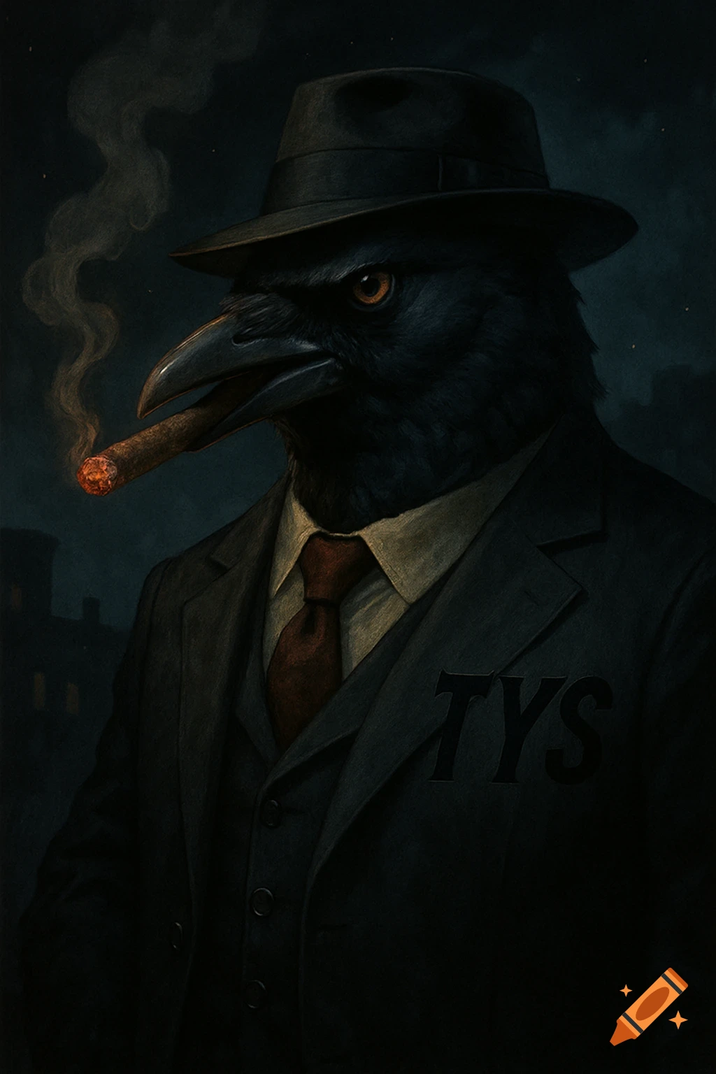 A crow wearing a fedora and suit smokes a cigar.