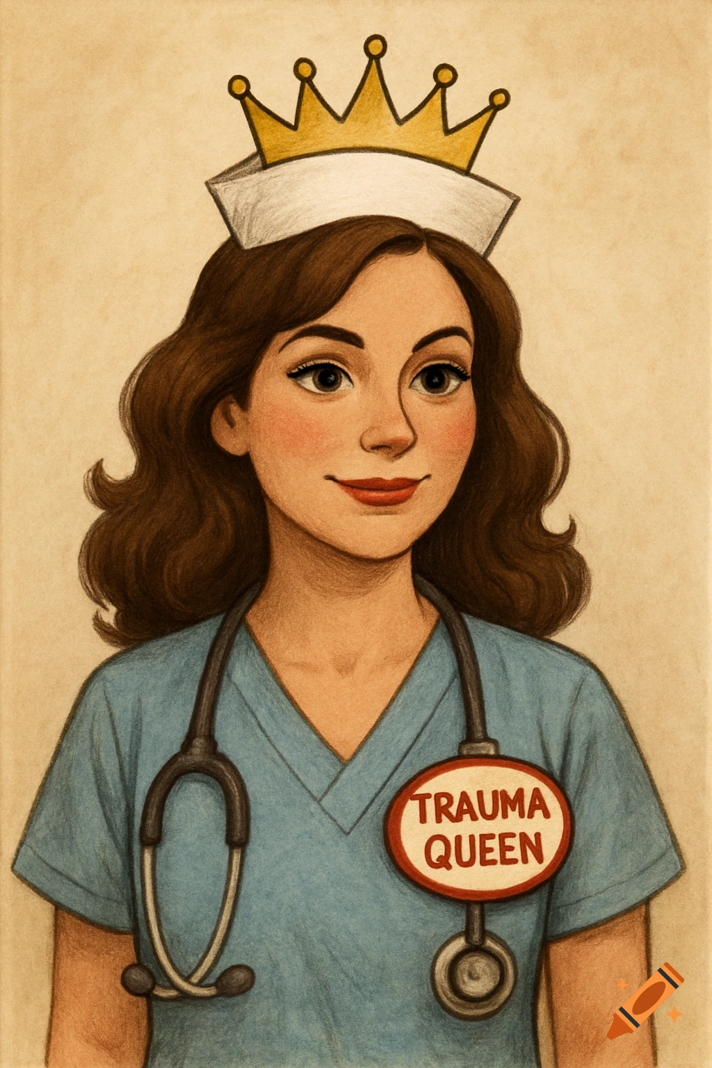 Illustration of a smiling nurse wearing a crown and a 'Trauma Queen' badge and stethoscope.