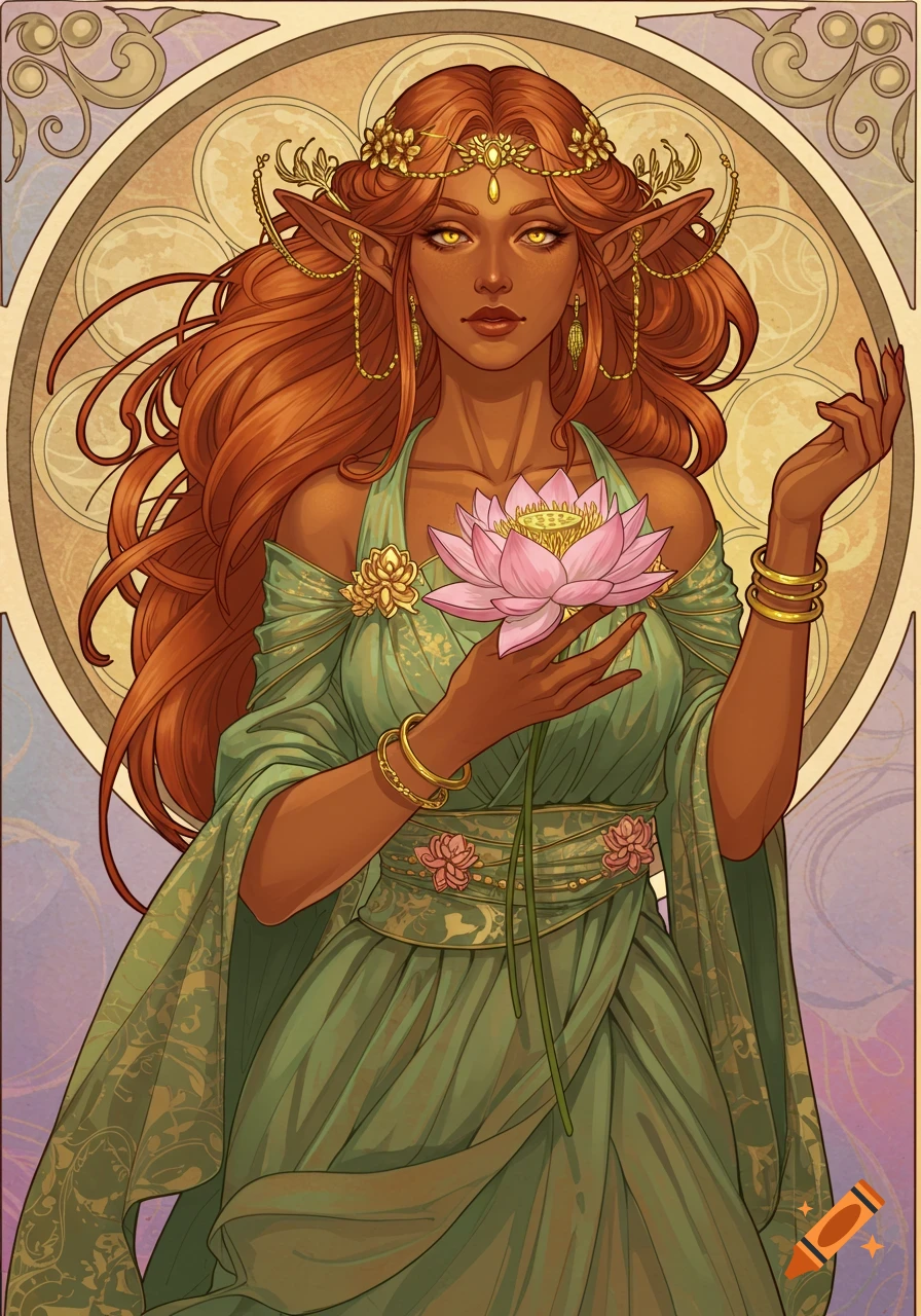 Art Nouveau portrait of an elf woman holding a lotus flower.