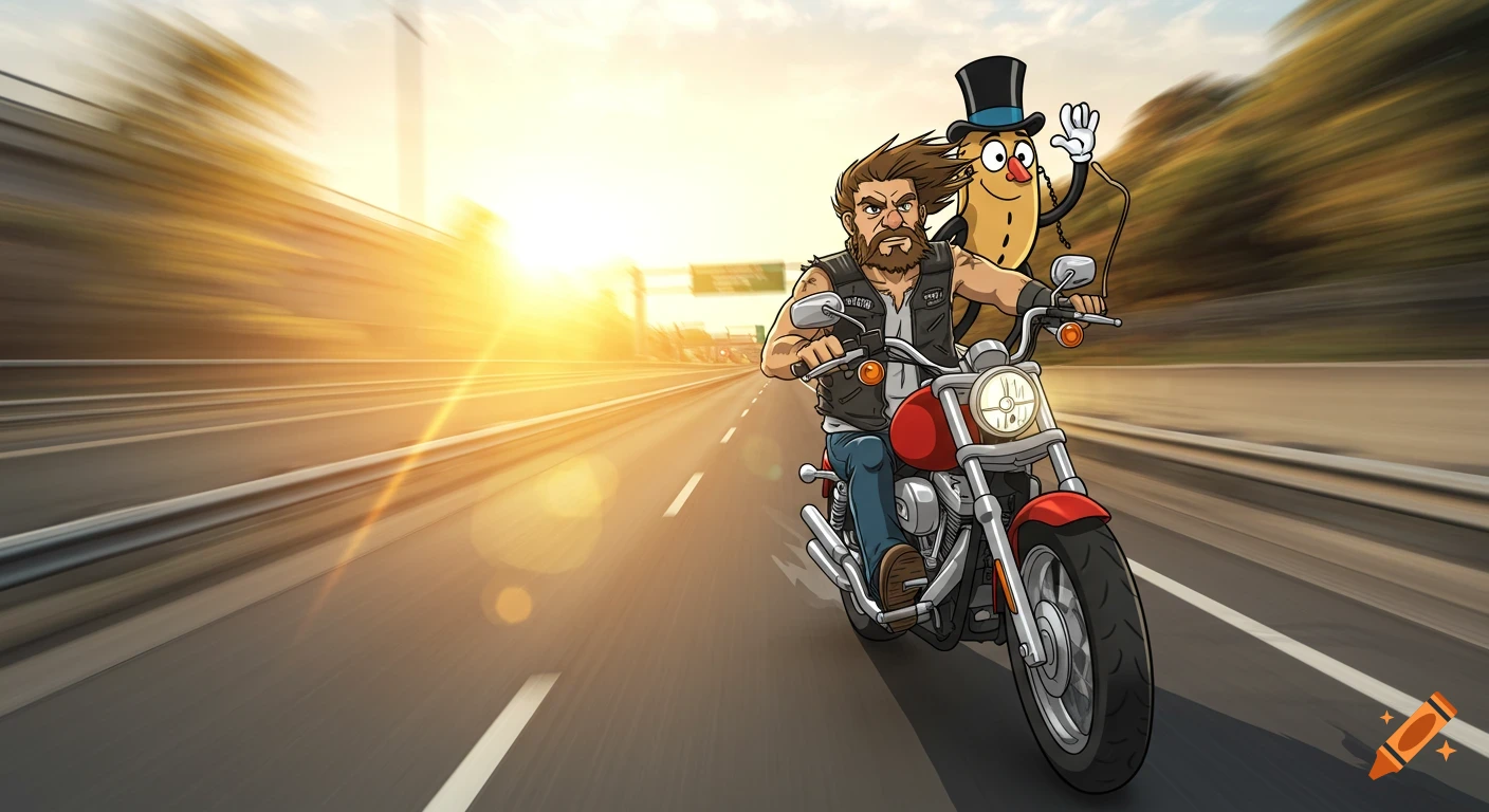 Cartoon biker on motorcycle with Mr. Peanut on back, highway setting.