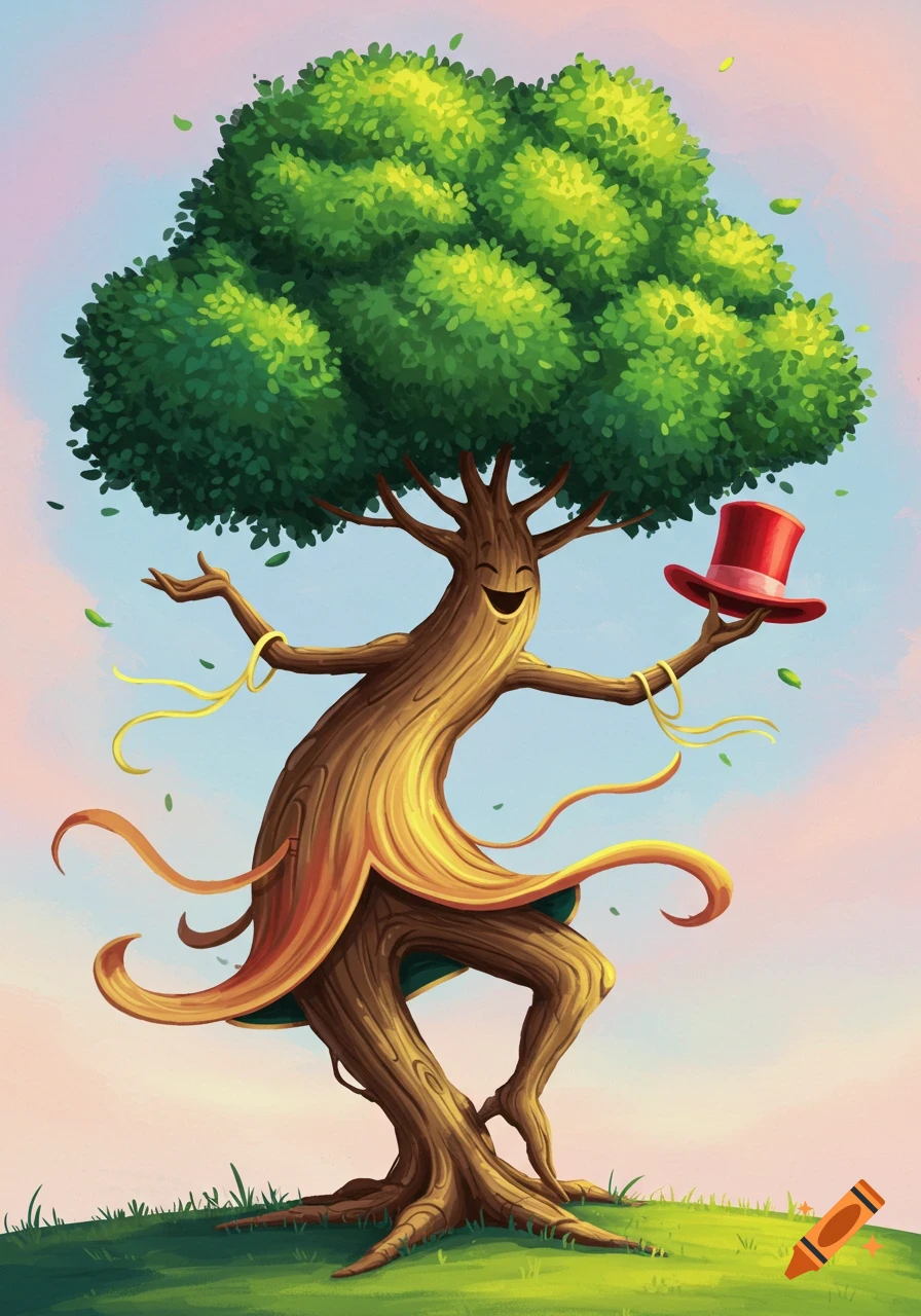Cartoon illustration of a tree character dancing with a red hat.