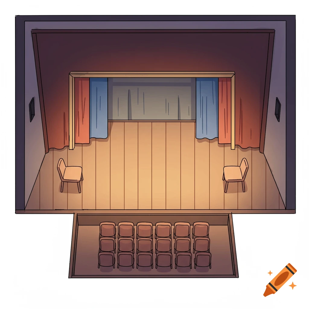 Cartoon top-down view of an empty theatre stage with audience seating.