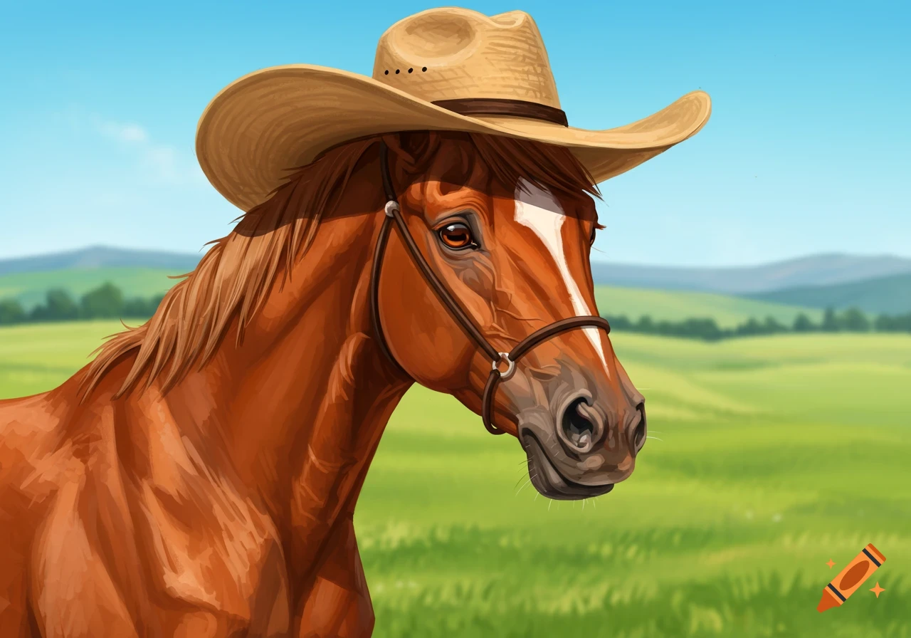 Illustration of a brown horse wearing a cowboy hat in a sunny field.