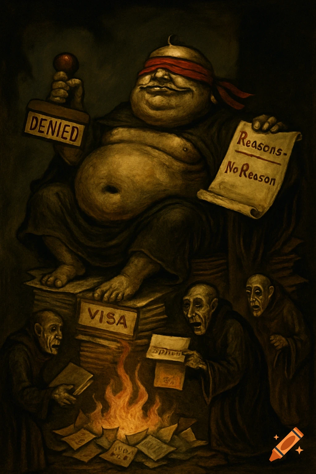 Painting in dark, exaggerated style of bloated figure on file stack holding 'DENIED' stamp and 'Reasons: No Reason' scroll. Smaller figures burn papers.