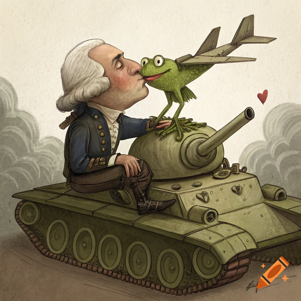 Cartoon caricature of George Washington sitting on a tank, kissing a frog with airplane wings.