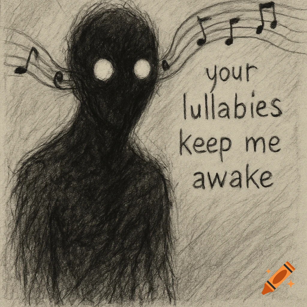 Dark sketch of a figure with glowing eyes, musical notes, and the text 'your lullabies keep me awake'.