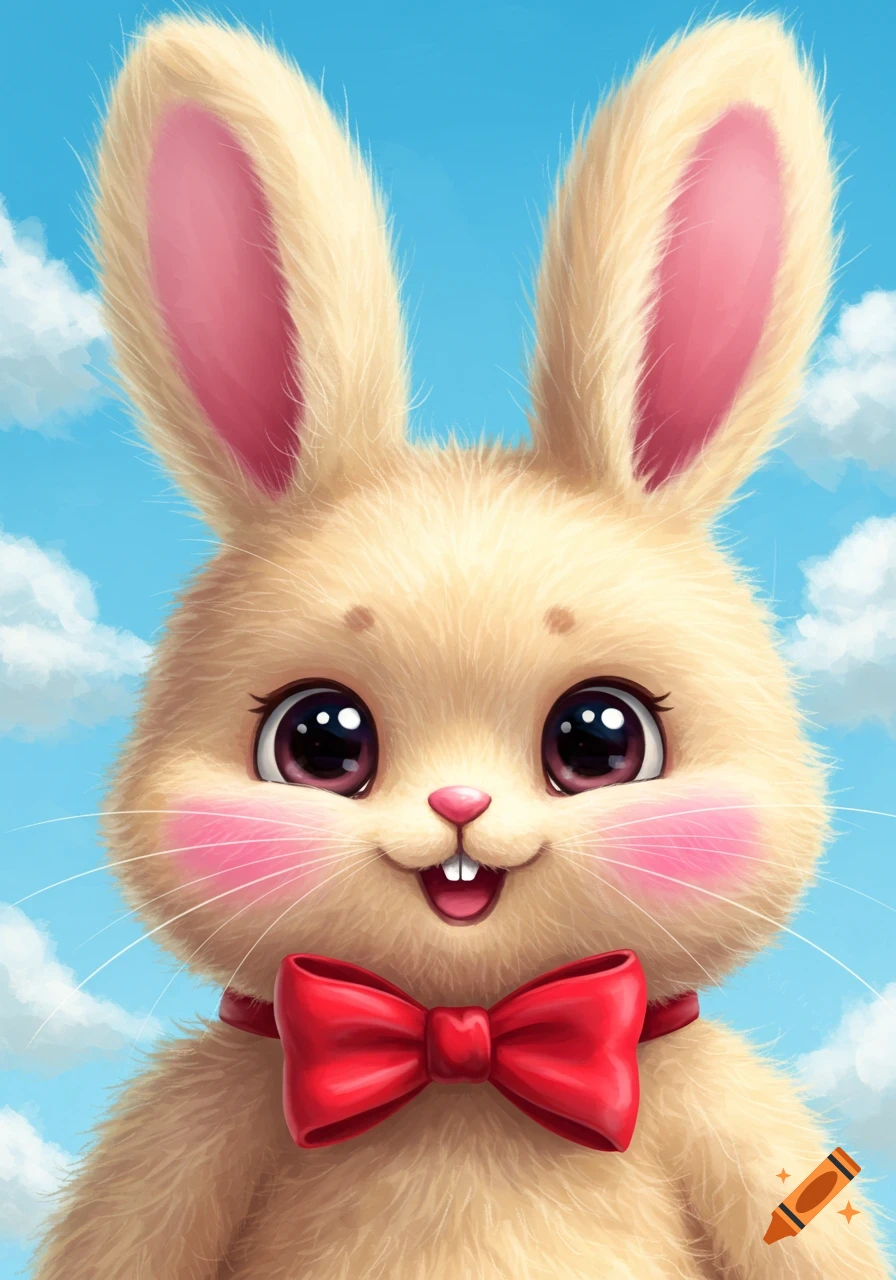 A close-up portrait of a cute cartoon bunny wearing a red bow tie, against a blue sky with clouds.