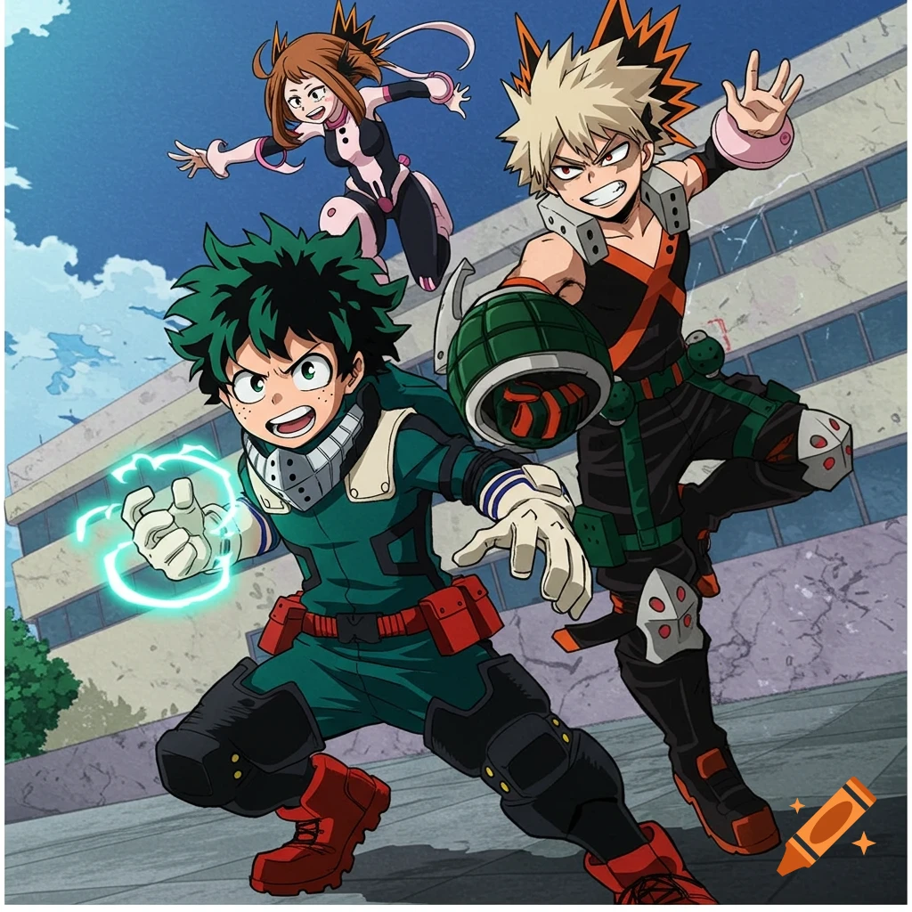 Anime characters Izuku Midoriya, Bakugo, and Ochaco Uraraka in action poses.
