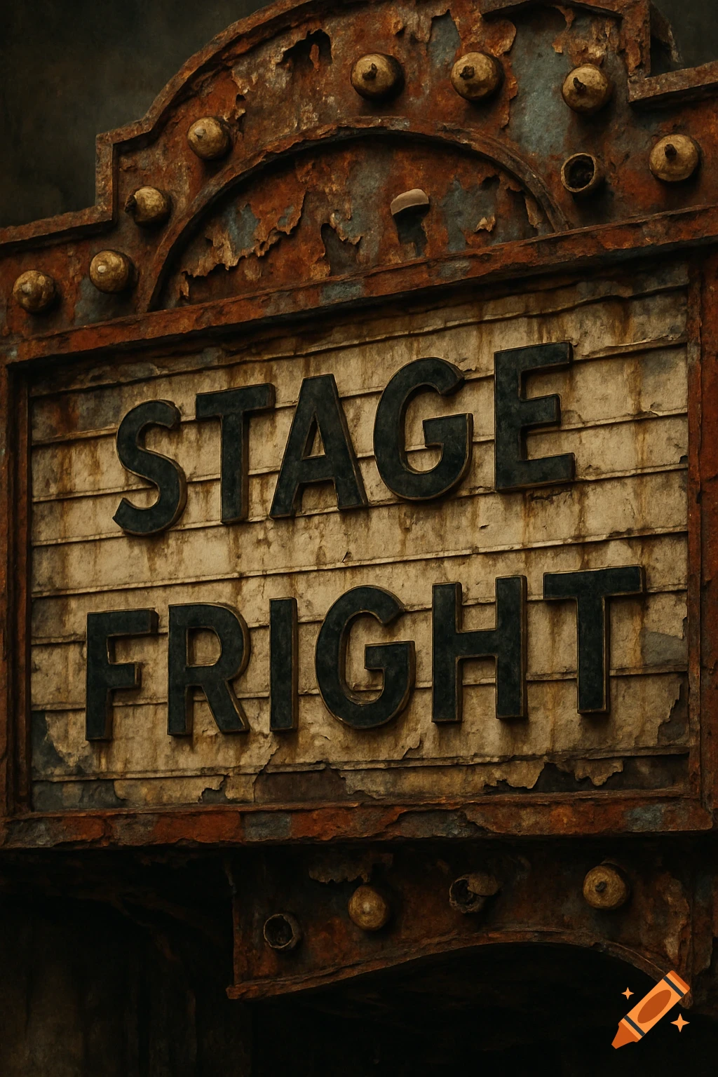 A rusty, peeling old theatre sign reads 'STAGE FRIGHT' against a dark background.