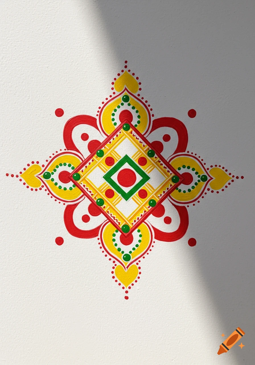 Colorful geometric and floral pattern painted on a white wall with a shadow
