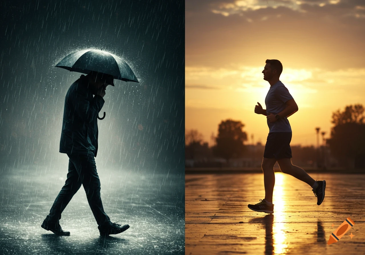 A split image showing a man walking in heavy rain under an umbrella on the left, and a man jogging in bright sunshine on the right.