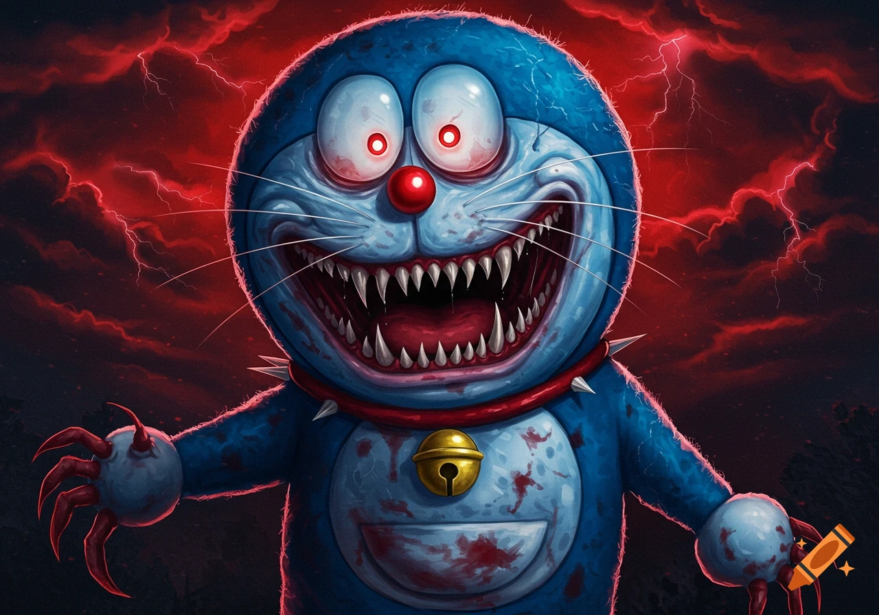 Scary Doraemon with sharp teeth, glowing eyes, claws, and blood spatter against a stormy red sky.