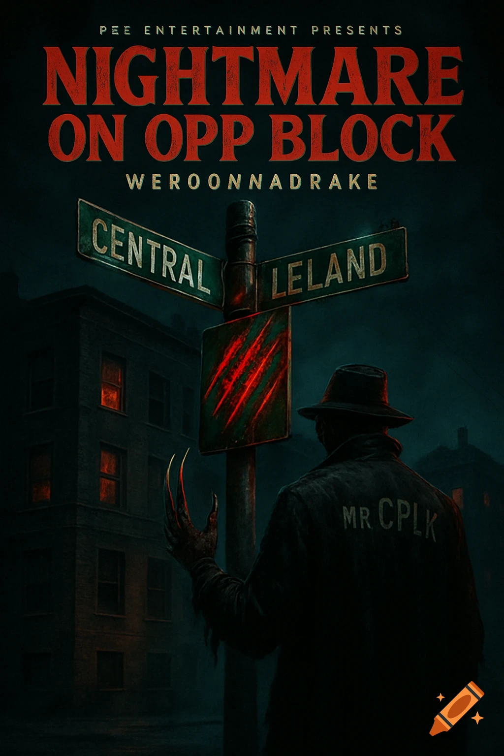 Horror album cover art featuring a Freddy Krueger-like figure with a claw hand standing by street signs at night.