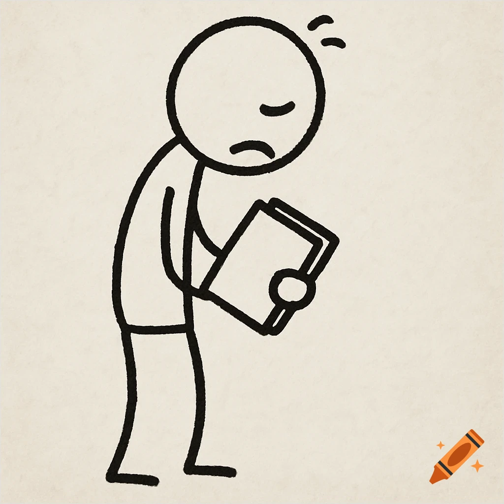 Stick figure drawing of a sad character holding a book.