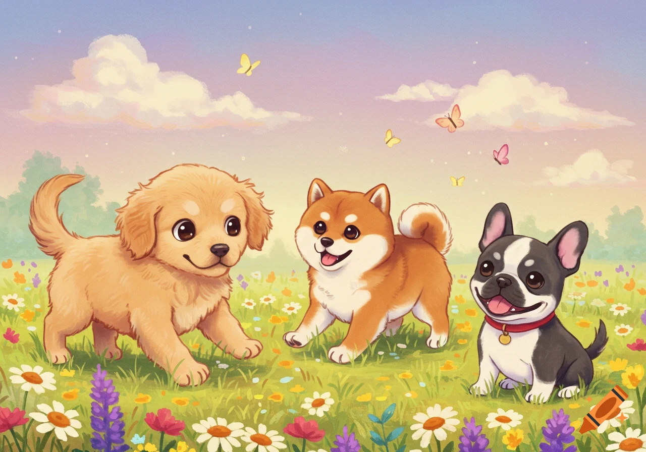 Three cute puppies, a Golden Retriever, Shiba Inu, and French Bulldog, play in a flower field with butterflies, digital painting.