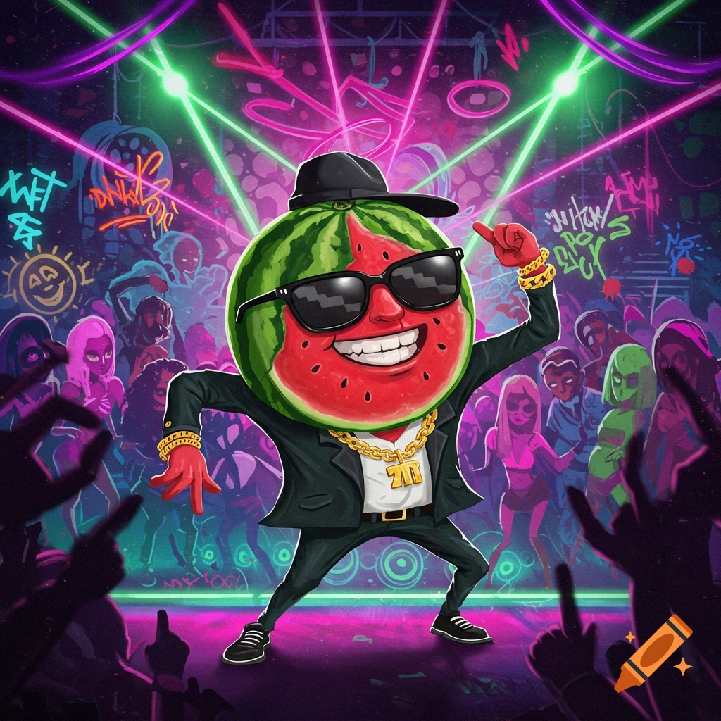 Cartoon watermelon character with sunglasses and suit dancing in a crowded rave club with laser lights.