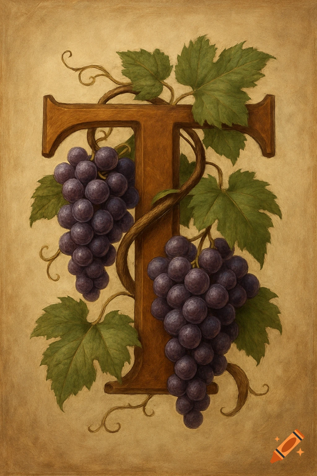 Capital letter T wrapped in grapes and vines, illustration style