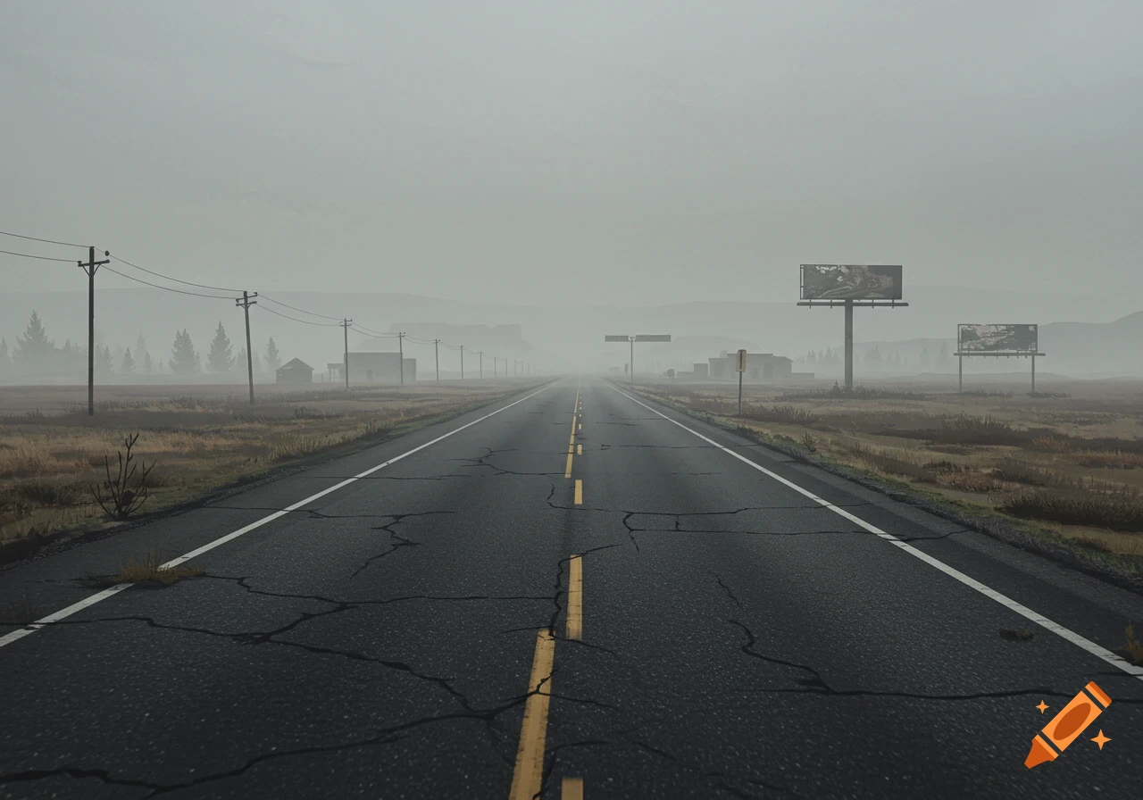 A long, straight road stretches into a misty landscape with telephone poles and billboards.
