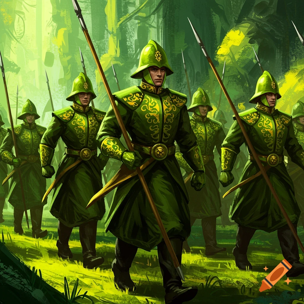 Soldiers in green uniforms with spears walk through a bright forest. Illustration.