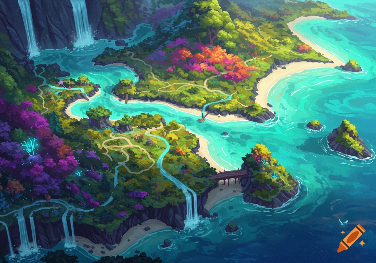 Aerial view of a vibrant fantasy island with waterfalls, rivers, beaches, and colorful forests.