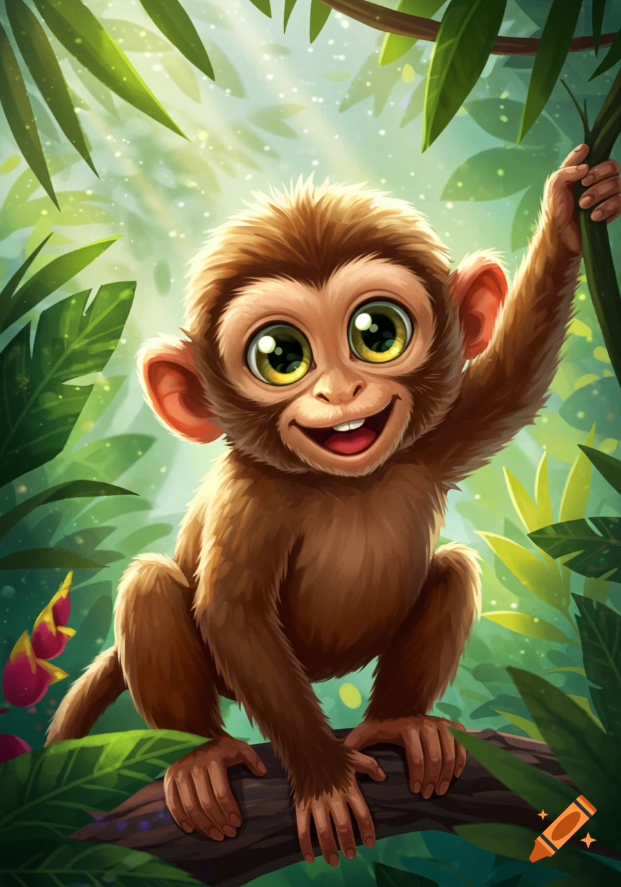 A cute cartoon monkey with big eyes smiles while hanging onto a vine in a jungle.