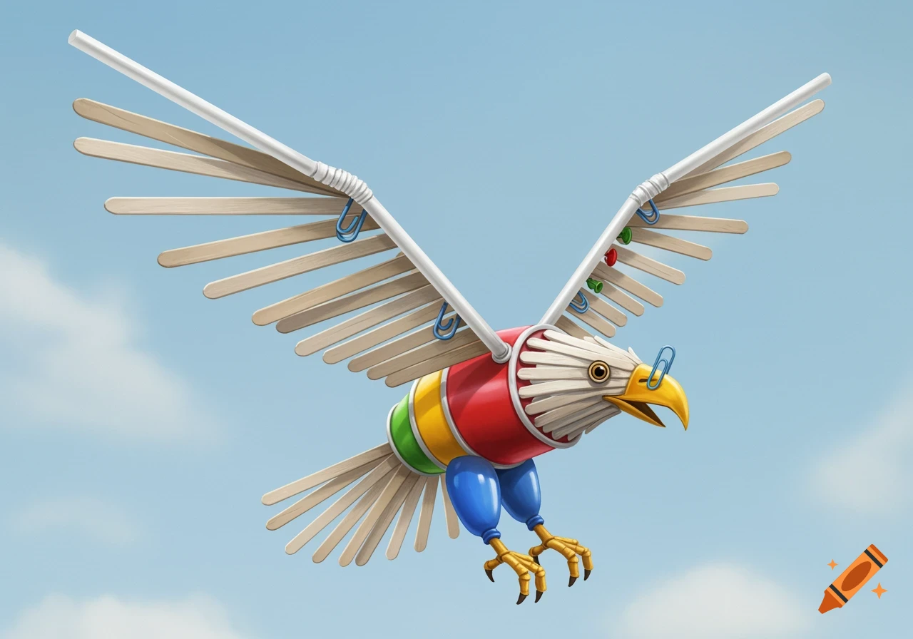 Craft eagle made of popsicle sticks, straws, balloons, and paper clips flying in a blue sky.